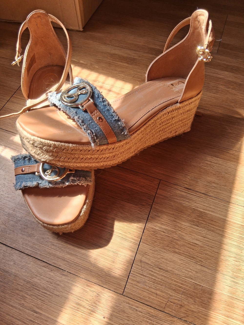 Sam & Libby Tan and Denim Blue Wedge Espadrille Sandals